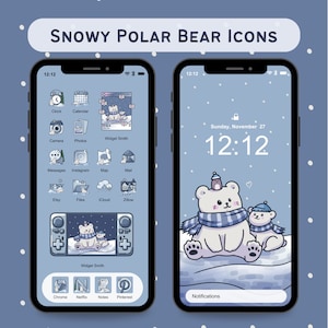 May include: A blue and white phone screen with a snowy background and polar bear icons. The icons are for apps like Clock, Calendar, Camera, Photos, Messages, Instagram, Map, Mail, Etsy, Files, iCloud, Zillow, Chrome, Netflix, Notes, and Pinterest. The phone screen also has a widget with two polar bears wearing hats and scarves. The text on the screen says "Sunday, November 27" and "12:12".
