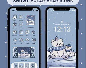 Snowy Polar Bear App Icon Pack for iOS Android Tablet Winter Theme Cute Animal Snow Aesthetic Blue Icons Cute Polar Bear Wallpaper