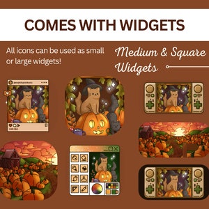 May include: A set of digital widgets featuring a cute cat wearing a witch's hat and a pumpkin with a jack-o'-lantern face. The widgets are in different styles, including a square, a rectangle, and a phone screen. The widgets are perfect for adding a touch of Halloween fun to your phone or computer.