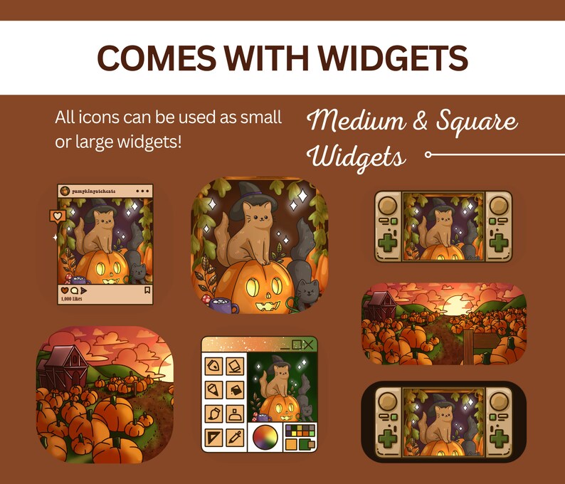 May include: A set of digital widgets featuring a cute cat wearing a witch's hat and a pumpkin with a jack-o'-lantern face. The widgets are in different styles, including a square, a rectangle, and a phone screen. The widgets are perfect for adding a touch of Halloween fun to your phone or computer.