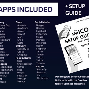 May include: A graphic with a blue background and white text lists apps included in a setup guide. The apps are categorized as Money, Store, Social Media, Delivery, Food & Drink, Shopping, Nature, and Health. The guide is titled "An App Icon Setup Guide: How to Download & Install Custom Apps by ClayfulTinke".
