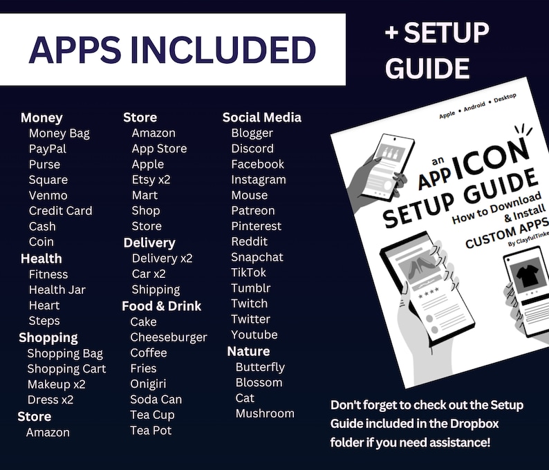 May include: A graphic with a blue background and white text lists apps included in a setup guide. The apps are categorized as Money, Store, Social Media, Delivery, Food & Drink, Shopping, Nature, and Health. The guide is titled "An App Icon Setup Guide: How to Download & Install Custom Apps by ClayfulTinke".