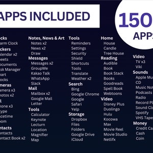 May include: A graphic showing a list of 150+ apps included in a device. The apps are categorized by function, such as Clocks, Trackers, Cameras, Call, Contacts, Notes, News & Art, Tools, Home, Reading, Video, Sounds, Money, and Search.