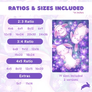 Pode incluir: Um download digital de 19 tamanhos diferentes e 2 vers&otilde;es de uma ilustra&ccedil;&atilde;o fofa de dois coelhos brancos dormindo em um campo de flores roxas. A ilustra&ccedil;&atilde;o est&aacute; dispon&iacute;vel nas propor&ccedil;&otilde;es 2:3, 3:4 e 4:5, al&eacute;m de dois tamanhos extras. Os tamanhos s&atilde;o listados em polegadas.