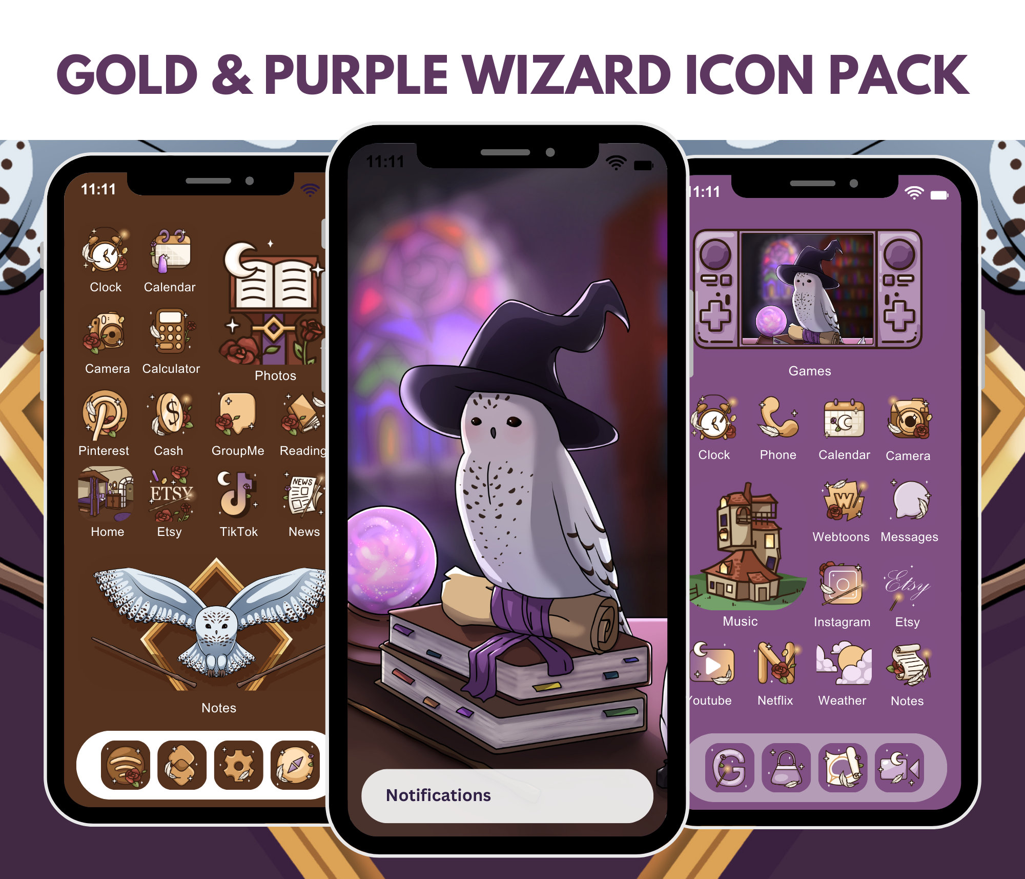 Cute Owl Wizard Icons for Phone Dark Academia Aesthetic Wizardry App Pack Brown Snowy Wizarding Wall
