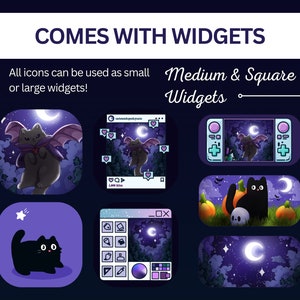 May include: A set of digital widgets featuring a black cat with wings flying in a night sky with a crescent moon. The widgets are in different styles, including a social media post, a game console, and a desktop app.