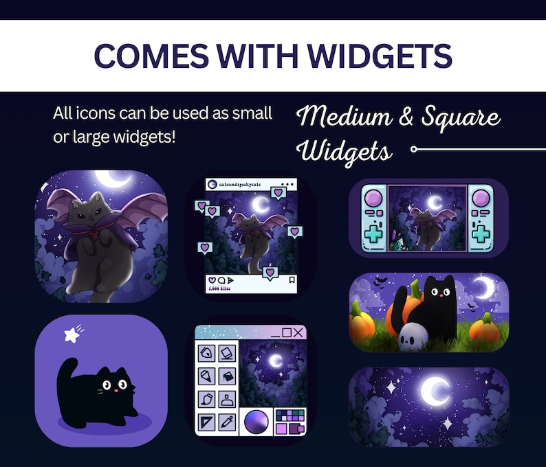 May include: A set of digital widgets featuring a black cat with wings flying in a night sky with a crescent moon. The widgets are in different styles, including a social media post, a game console, and a desktop app.