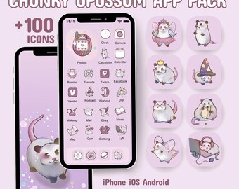 Chunky Opossum App Icon Pack, Hand Drawn Digital Art, Pink and Purple (Digital Download) for iPhone iOS Android