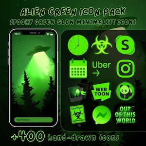 Alien Glow Green App Icon Pack voor iOS Android-telefoon Tablet met 400 pictogrammen Minimalistisch esthetische achtergronden Schone handgetekende groene grunge