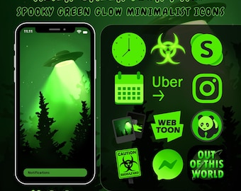 Alien Glow Green App Icon Pack for iOS Android Phone Tablet with 400 Icons Minimalist Aesthetic Wallpapers Clean Hand Drawn Green Grunge