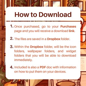Puede incluir: Un gr&aacute;fico ilustrado blanco y naranja con el texto "C&oacute;mo descargar" y cuatro pasos numerados sobre c&oacute;mo descargar archivos digitales desde una carpeta de Dropbox. Los pasos incluyen la compra de los archivos, la recepci&oacute;n de un enlace de descarga, la b&uacute;squeda de los archivos en una carpeta de Dropbox y la descarga de los archivos. El gr&aacute;fico tambi&eacute;n incluye un documento PDF con informaci&oacute;n sobre c&oacute;mo poner los archivos en tus dispositivos.