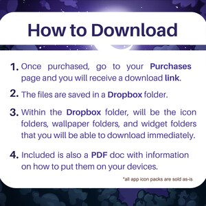 May include: Purple and white illustrated graphic with the text "How to Download" and a list of instructions on how to download digital files from a Dropbox folder. The instructions include information about the types of files available and how to use them.