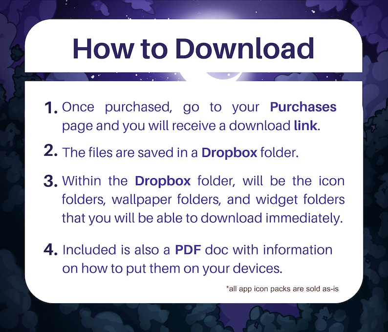 May include: Purple and white illustrated graphic with the text "How to Download" and a list of instructions on how to download digital files from a Dropbox folder. The instructions include information about the types of files available and how to use them.