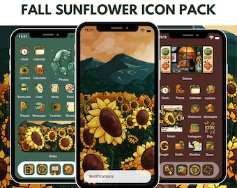 Fall Sunflower Icons for iOS iPhone Android Autumn Floral App Icon Pack Brown Aesthetic Harvest Black Cat Wallpaper Cute Hand Drawn Icons