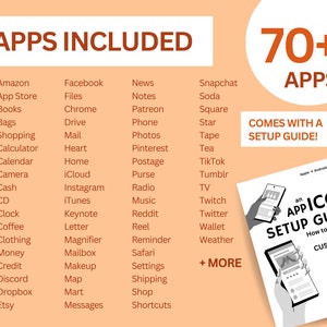 Puede incluir: Una ilustraci&oacute;n gr&aacute;fica de un tel&eacute;fono con una mano que lo sostiene. La pantalla del tel&eacute;fono muestra una cuadr&iacute;cula de iconos de aplicaciones. El texto "70+ APPS" est&aacute; en letras rojas grandes. El texto "COMES WITH A SETUP GUIDE!" est&aacute; en letras negras. El texto "an APP ICON SETUP GUIDE" est&aacute; en letras negras. El texto "How to Download & Install CUSTOM APPS" est&aacute; en letras negras. El texto "By Clayful" est&aacute; en letras negras.