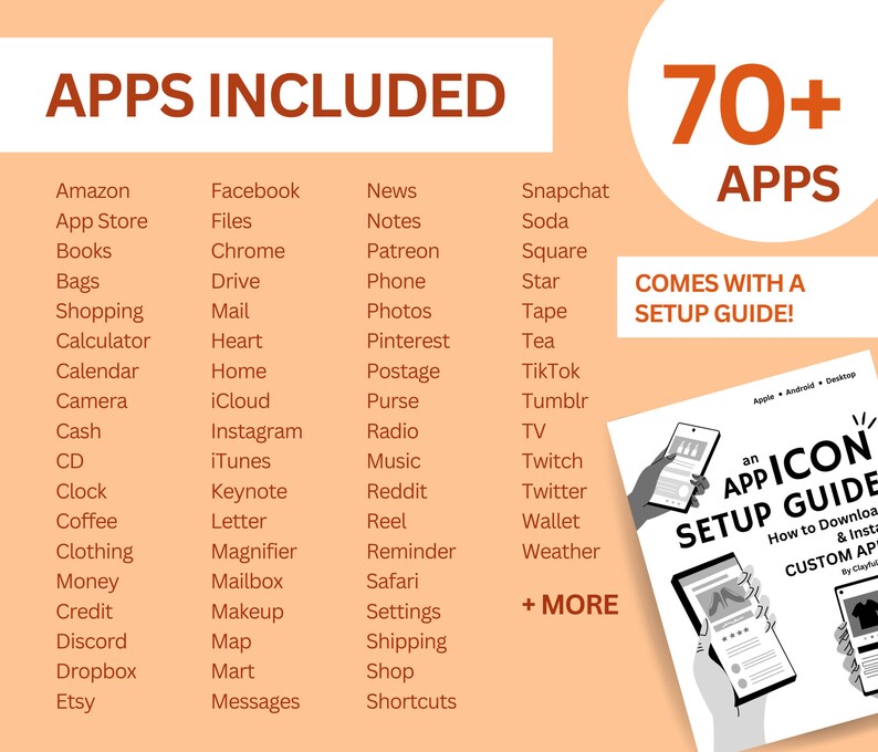 Puede incluir: Una ilustraci&oacute;n gr&aacute;fica de un tel&eacute;fono con una mano que lo sostiene. La pantalla del tel&eacute;fono muestra una cuadr&iacute;cula de iconos de aplicaciones. El texto "70+ APPS" est&aacute; en letras rojas grandes. El texto "COMES WITH A SETUP GUIDE!" est&aacute; en letras negras. El texto "an APP ICON SETUP GUIDE" est&aacute; en letras negras. El texto "How to Download & Install CUSTOM APPS" est&aacute; en letras negras. El texto "By Clayful" est&aacute; en letras negras.