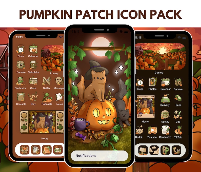 May include: A set of phone icons featuring a pumpkin patch theme. The icons are in a grid layout and include apps like Clock, Calendar, Camera, Calculator, Photos, Starbucks, Cash, Netflix, Message, Contacts, Etsy, Podcasts, Notes, Games, Delivery, Bank, Music, Spotify, Ulta, Reddit, Youtube, Goodnotes, and TikTok. The background is a cartoon illustration of a pumpkin patch with a cat wearing a witch's hat sitting on top of a pumpkin.