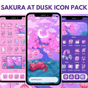 Sakura at Dusk Icons for iOS iPhone Android Cherry Blossom App Icon Pack Cute Tiger Aesthetic Japanese Wallpaper Cute Hand Drawn Icons