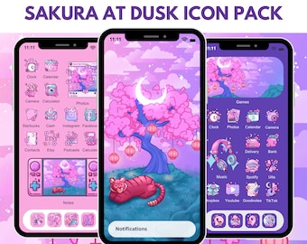 Sakura at Dusk Icons for iOS iPhone Android Cherry Blossom App Icon Pack Kawaii Japanese Wallpaper