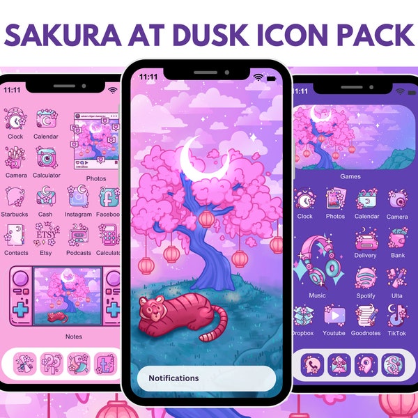 Sakura at Dusk Icons for iOS iPhone Android Cherry Blossom App Icon Pack Cute Tiger Aesthetic Japanese Wallpaper Cute Hand Drawn Icons