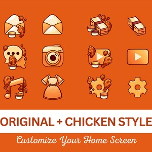 Puede incluir: Un conjunto de 10 iconos de aplicaciones en un dise&ntilde;o estilo pollo. Los iconos son para aplicaciones comunes como correo electr&oacute;nico, c&aacute;mara, m&uacute;sica, y m&aacute;s. Los iconos son naranja y amarillo con un dise&ntilde;o de pollo frito.