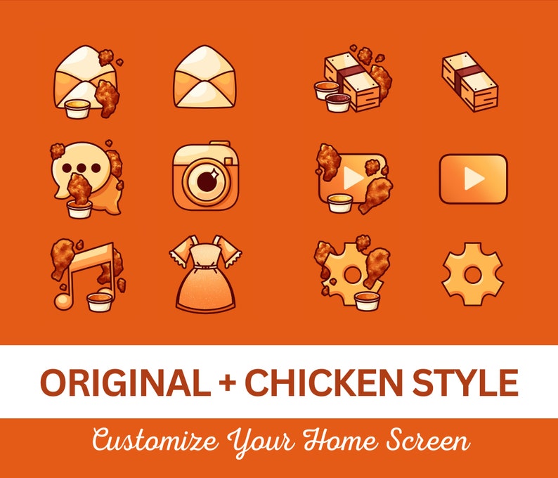 Puede incluir: Un conjunto de 10 iconos de aplicaciones en un dise&ntilde;o estilo pollo. Los iconos son para aplicaciones comunes como correo electr&oacute;nico, c&aacute;mara, m&uacute;sica, y m&aacute;s. Los iconos son naranja y amarillo con un dise&ntilde;o de pollo frito.