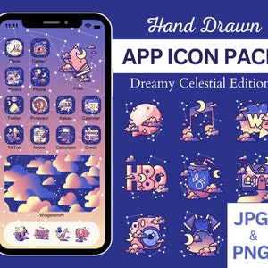 Puede incluir: Un conjunto de 10 iconos de aplicaciones dibujados a mano en un estilo celestial de ensueño. Los iconos están sobre un fondo azul con nubes y estrellas. Los iconos incluyen un reloj, una cámara, un teléfono, archivos, Twitter, Pinterest, Kakao, un calendario, TikTok, notas, una calculadora, crédito y Widgetsmith.