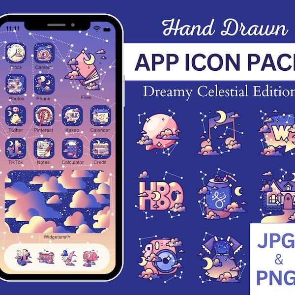 Dromerige Hemelse App Icon Pack voor iOS Android Tablet Kawaii Esthetische Icoon Covers Sterrenbeeld Digitale Kunst Esthetische Lucht Wolken Paarse App
