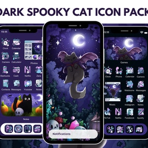 Dark Spooky Cat Icons for iOS iPhone Android Halloween Cats App Icon Pack Moody Aesthetic Bat Cat Wallpaper Cute Purple Hand Drawn Icons