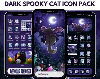 Dark Spooky Cat Icons for iOS iPhone Android Halloween Cats App Icon Pack Moody Aesthetic Bat Cat Wallpaper Cute Purple Hand Drawn Icons