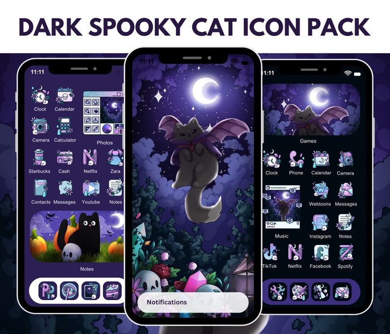 A cute dark yet spooky app icon pack with dark colored icons and wallpaper with cat, moon, crystal, and skull icons that are hand drawn.