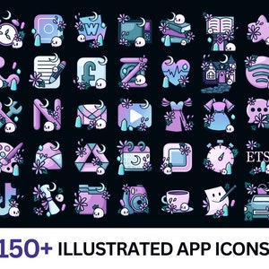 May include: A set of 36 illustrated app icons in a dark purple and blue color scheme. Each icon features a crescent moon, flowers, and a skull. The icons represent popular apps such as Instagram, Facebook, Etsy, and more.