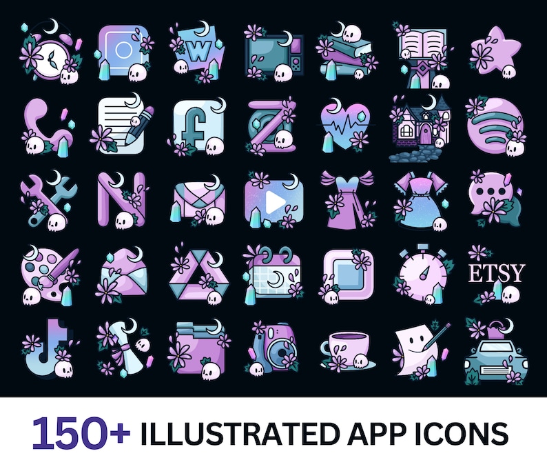 May include: A set of 36 illustrated app icons in a dark purple and blue color scheme. Each icon features a crescent moon, flowers, and a skull. The icons represent popular apps such as Instagram, Facebook, Etsy, and more.