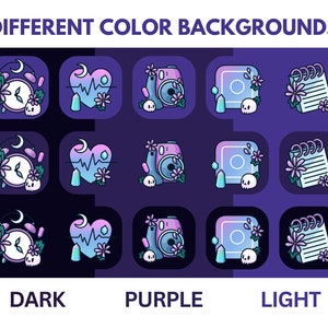 May include: Nine different app icons with a dark, purple, and light background. Each icon features a crescent moon, a heart with a heartbeat, a camera, a frame, and a notebook. The icons are in a grid format with three rows and three columns.