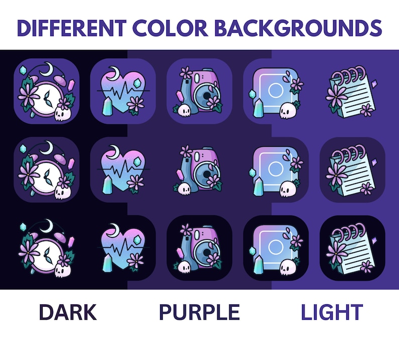 May include: Nine different app icons with a dark, purple, and light background. Each icon features a crescent moon, a heart with a heartbeat, a camera, a frame, and a notebook. The icons are in a grid format with three rows and three columns.