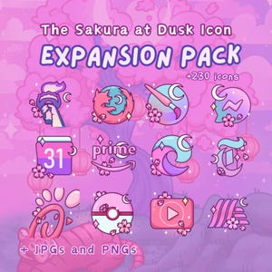 Sakura at Dusk EXPANSION Icon Pack for iOS Android Tablet Kawaii Icon Cherry Blossom Tiger Japanese Aesthetic Nature Cute Animal Hand Drawn