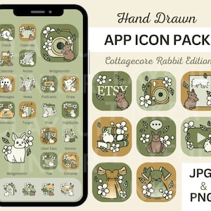 May include: A set of 20 hand-drawn app icons featuring a cottagecore theme with rabbits and floral elements. The icons are in a green and brown colour scheme and include apps like Etsy, Instagram, and Spotify.