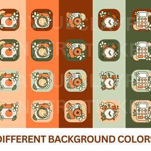 Peut inclure: Ensemble de neuf ic&ocirc;nes d'applications avec diff&eacute;rentes couleurs de fond. Chaque ic&ocirc;ne pr&eacute;sente un contour blanc et un motif floral avec une tranche d'orange. Les ic&ocirc;nes comprennent un calendrier, un appareil photo, un r&eacute;veil et une calculatrice.
