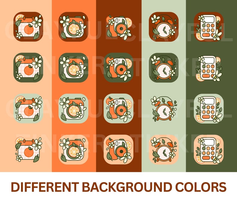 Peut inclure: Ensemble de neuf ic&ocirc;nes d'applications avec diff&eacute;rentes couleurs de fond. Chaque ic&ocirc;ne pr&eacute;sente un contour blanc et un motif floral avec une tranche d'orange. Les ic&ocirc;nes comprennent un calendrier, un appareil photo, un r&eacute;veil et une calculatrice.