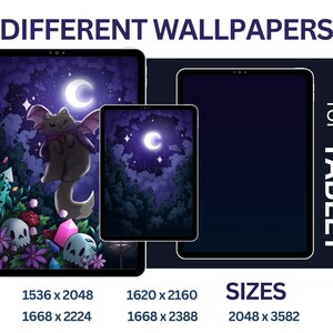 May include: A digital illustration of a black cat with bat wings flying in front of a dark blue night sky with a crescent moon and stars. The cat is wearing a purple cape. The image is surrounded by a black frame and text that reads "DIFFERENT WALLPAPERS for TABLET" and lists different sizes: 1536 x 2048, 1620 x 2160, 1668 x 2224, 1668 x 2388, 2048 x 3582.