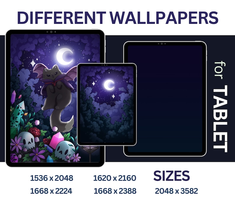 May include: A digital illustration of a black cat with bat wings flying in front of a dark blue night sky with a crescent moon and stars. The cat is wearing a purple cape. The image is surrounded by a black frame and text that reads "DIFFERENT WALLPAPERS for TABLET" and lists different sizes: 1536 x 2048, 1620 x 2160, 1668 x 2224, 1668 x 2388, 2048 x 3582.