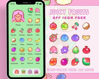 Juicy Fruits Pixel App Icon Pack Over 70 Icons Included Hand Drawn Pixelated Fruity App Icons for Phone iOS Android Kawaii Pink Sparkle