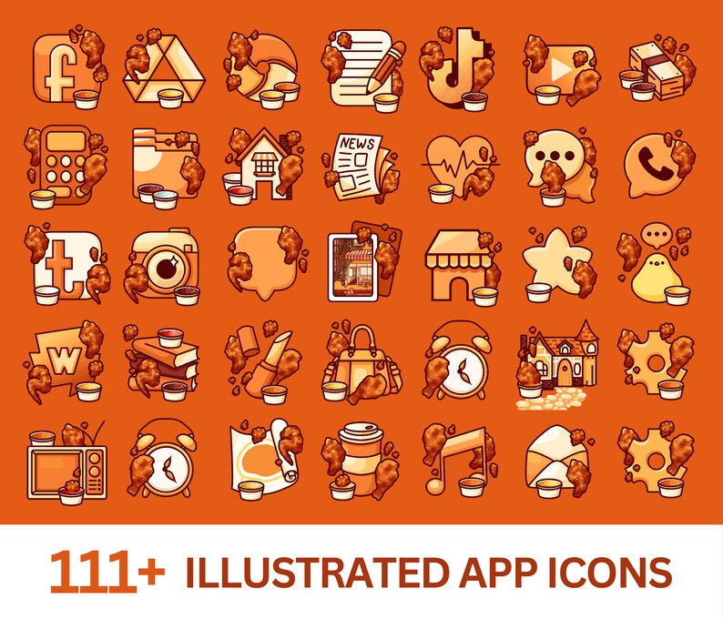 Puede incluir: Un conjunto de 36 iconos de aplicaciones ilustrados con un tema de pollo frito. Cada icono est&aacute; rodeado de trozos de pollo frito y un peque&ntilde;o recipiente de salsa para mojar. Los iconos incluyen plataformas populares de redes sociales, aplicaciones de mensajer&iacute;a y otras aplicaciones comunes.