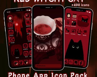 Red Witchy Cat App Icon Pack for iOS Android Phone Tablet with 400 Icons Deep Red Halloween Aesthetic Icons Hand Drawn Cat Bats Grunge