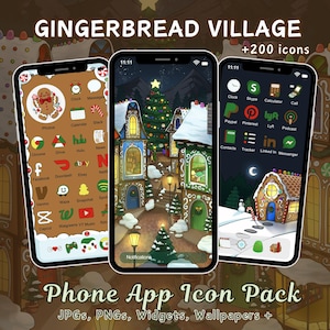 Pack d&#39;icônes d&#39;application Village en pain d&#39;épice pour iOS iPhone Android Illustration esthétique de Noël Icônes de vacances rouge-vert dessinées à la main