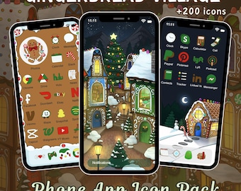 Gingerbread Village App Icon Pack for iOS iPhone Android Christmas Aesthetic Illustration Hand Drawn Red Green Holiday Icons