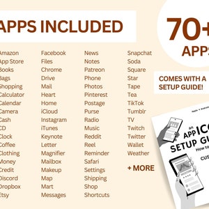 Peut inclure: Un graphique avec un fond brun et du texte blanc listant plus de 70 applications incluses dans un produit num&eacute;rique. Le texte "APPS INCLUDED" est en grandes lettres brunes, en gras, en haut du graphique. Le texte "70+ APPS" est en grandes lettres brunes, en gras, dans le coin sup&eacute;rieur droit du graphique. Le texte "COMES WITH A SETUP GUIDE!" est en lettres brunes dans le coin inf&eacute;rieur droit du graphique. Le graphique liste une vari&eacute;t&eacute; d'applications, y compris Amazon, Facebook, News, Snapchat, App Store, Files, Notes, Soda, Books, Chrome, Patreon, Square, Bags, Drive, Phone, Star, Shopping, Mail, Photos, Tape, Calculator, Heart, Pinterest, Tea, Calendar, Home, Postage, TikTok, Camera, iCloud, Purse, Tumblr, Cash, Instagram, Radio, TV, CD, iTunes, Music, Twitch, Clock, Keynote, Reddit, Twitter, Coffee, Letter, Reel, Wallet, Clothing, Magnifier, Reminder, Weather, Money, Mailbox, Safari, Credit, Makeup, Settings, + MORE, Discord, Map, Shipping, Dropbox, Mart, Shop, Etsy, Messages, Shortcuts.