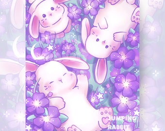 Bunnies in a Flower Field PRINTABLE Cute Bunny Art Print Hand Drawn Pink Purple Floral Aesthetic Decor Cute Animal Illustration Wall Art
