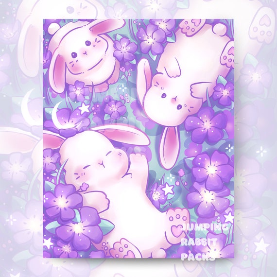 Bunnies in a Flower Field PRINTABLE Cute Bunny Art Print Hand Drawn Pink Purple Floral Aesthetic Decor Cute Animal Illustration Wall Art