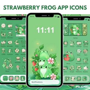 Könnte beinhalten: Ein Satz grüner und weißer App-Symbole mit einem Cartoon-Frosch mit Erdbeeren. Die Symbole sind in einem Raster auf einem grünen Hintergrund mit weißem Rand angeordnet. Die Symbole umfassen Apps wie Uhr, Kalender, Kamera, Taschenrechner, Fotos, Lesen, Nachrichten, Laufwerk, Netflix, Kaffee, Facebook, Safari, Nachricht, Doordash, Buch, Musik, Zimmer, Notiz und mehr. Die Symbole sind für die Verwendung auf einem Smartphone oder Tablet konzipiert.